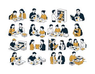 Fototapeta premium Catalogue Publishing Guide collection of digital illustrations showing people using catalogues and printed guides: student reading booklet with teacher, designer preparing leaflet with colleague,