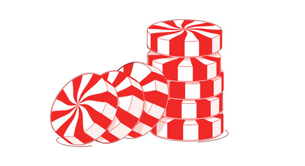 Fototapeta premium Small pile of red and white swirled peppermint candies with scattered pieces on a clean white background.