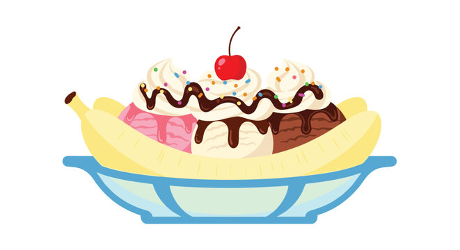 Classic banana split dessert with three scoops of ice cream chocolate sauce whipped cream and a cherry on top.