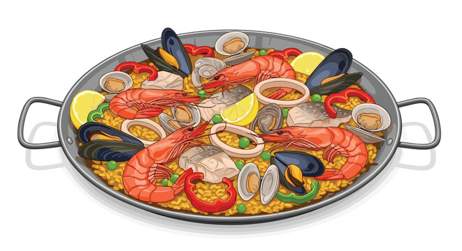 Traditional spanish seafood paella served in a large metal pan with shrimp mussels clams and lemon wedges.