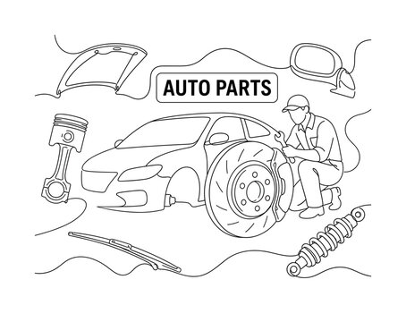 Car Parts Repair Banner. Clean one-line drawing banner composition showing an auto repair parts scene with one mechanic beside a large oversized car body and oversized brake disc, small details of