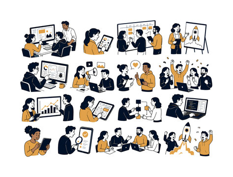 Product Launch Team collection of digital illustrations showing software development, beta testing, and product launch: developers reviewing interface, tester checking app screen, team planning