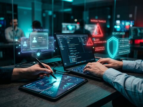 User account security warning alert on digital interface with profile and shield protection, suspicious activity risk detection and identity verification system for cybersecurity and access control 