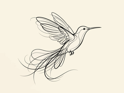 Elegant vector illustration of a hummingbird featuring abstract gesture sketch lines and dynamic wings Sophisticated black ink line art captures expressive movement for a clean modern aesthetic