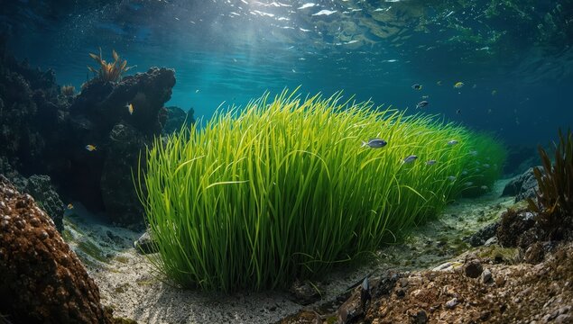 Underwater seagrass illuminated by natural sunlight in the Mediterranean, Jijel, Algeria, with kelp thriving on rocks and diverse marine life.