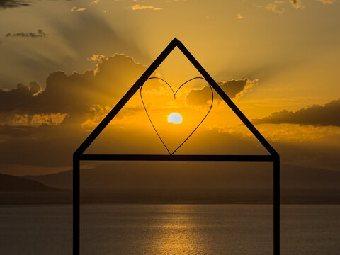 Sunset over Skopelos from the viewpoint near Chora old town, Alonnisos Island, Greece
