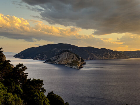 Sunset over Skopelos from the viewpoint near Chora old town, Alonnisos Island, Greece