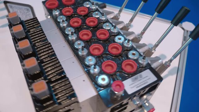New hydraulic valve control unit with rows of levers presented at the exhibition. Closeup. Shot in motion
