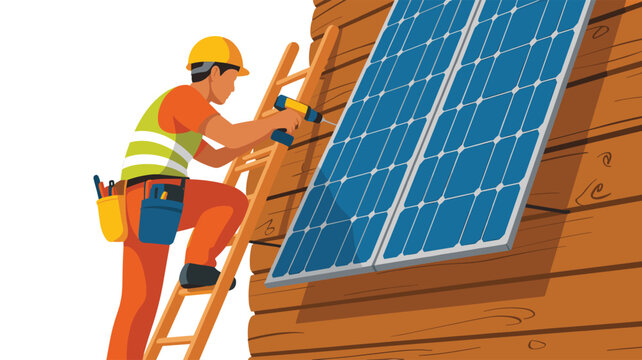A construction worker wearing high-visibility orange gear secures solar panels to a rustic wooden log cabin wall with a power drill while standing on a wooden ladder outside.