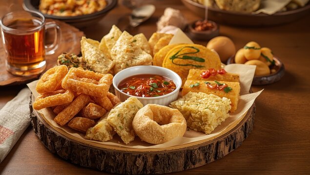 Selection of Gujarati treats such as jalebi, fafda, thepla, khaman dhokla, aloo bhujiya, khandvi, khakra, dahi vada, and gathiya paired with hot tea.