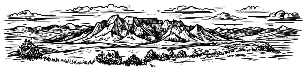 Fototapeta premium Mountain valley landscape vector sketch Hand drawn vintage engraving illustration of scenic canyon Nature travel background