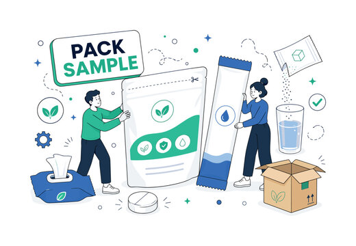 Sachet Pack Products. Clean editorial banner with one wide sachet packaging scene: two geometric product designers arranging an oversized sachet pouch and a large soluble powder stick pack, with sugar