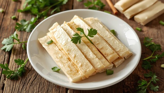 Dried bean curd sticks on a white plate, a traditional Asian ingredient for vegetarian cooking.