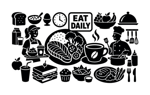 All Day Food Service. Banner with breakfast lunch snack dinner scene, one person holding tray and one chef, oversized plate and oversized coffee cup, small elements toast sandwich fruit bowl utensils