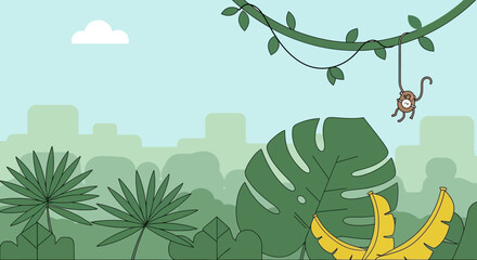 Cute cartoon monkey swinging on vine in lush jungle with bananas and tropical plants. © Rojik