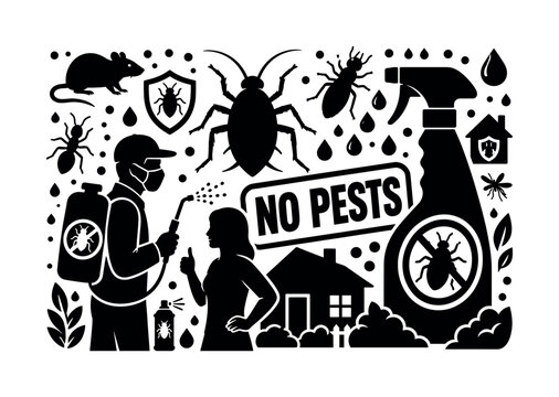 Pest Control Service. Banner with technician spraying and homeowner, oversized bug and oversized spray bottle, small elements rat termite shield droplets filling edges, bold uppercase text "NO PESTS"