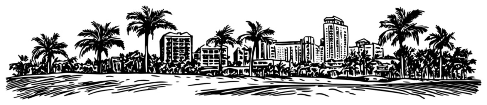 Miami Beach Florida skyline vector sketch Hand-drawn tropical cityscape with palm trees and oceanfront hotels