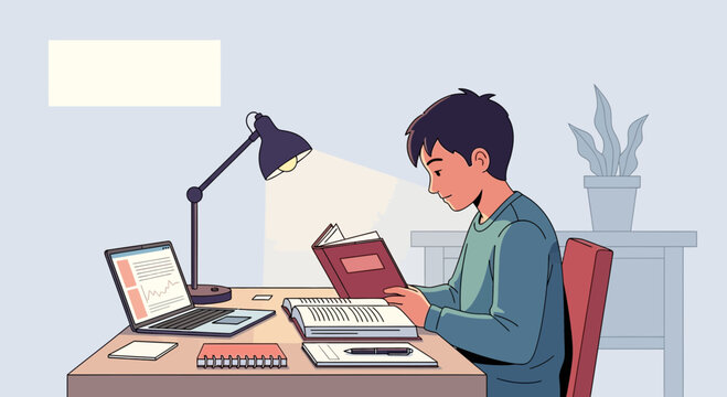 Young student studying at desk with laptop and book under lamp light