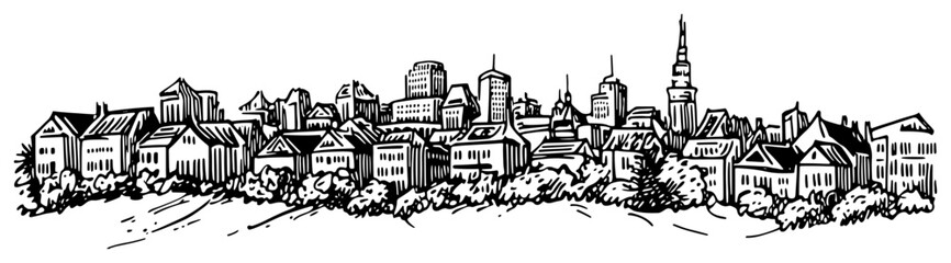 Obraz premium European old town skyline vector sketch Hand drawn cityscape with historical houses and modern buildings Urban architecture panoramic drawing