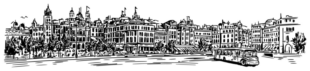 European city square with vintage tourist bus Hand-drawn vector sketch of urban street scene with historical architecture © Tomas