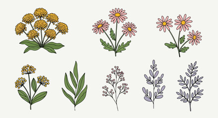 Fototapeta premium Flat lay illustration of various colorful flowers and leaves on a plain background.