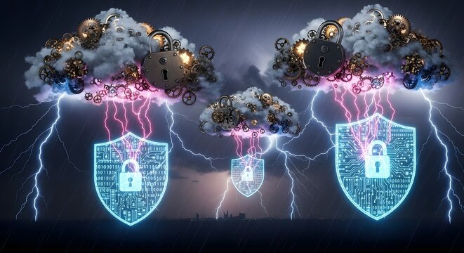 cybersecurity concept with shield and lock under thunderstorm