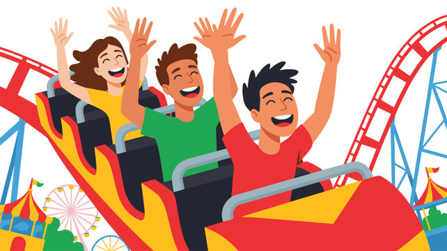 Three diverse joyful riders experience extreme excitement while riding a bright red roller coaster car against a clean white background with flat vector graphics style.