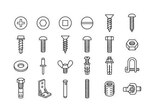 Screw Bolt Types. Line icon set of screw and bolt heads and fastener types: philips screw head, hex socket head, square drive head, slotted screw head, wood screw, metal screw, self tapping screw,