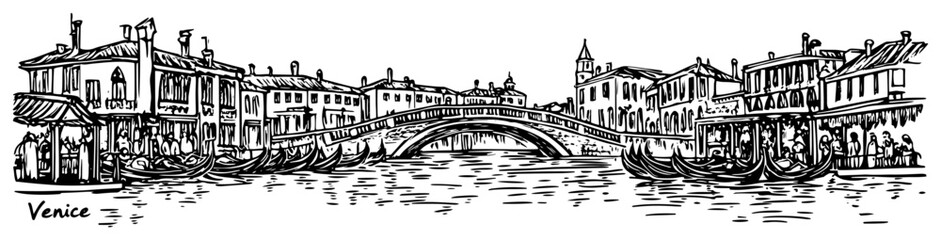 Venice canal with gondolas and bridge vector sketch Hand drawn cityscape of Italy with historical architecture Italian travel landmark illustration © Tomas