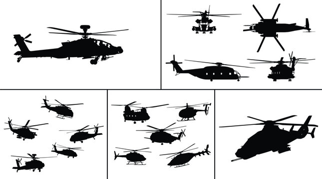 Military Helicopter Silhouette Collection Featuring Combat Aircraft Rescue Transport and Aviation Vector Illustrations
