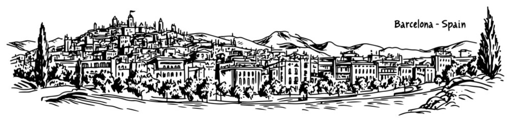 Obraz premium Barcelona cityscape panoramic view from hill vector sketch Hand drawn skyline of Spain with historical buildings Catalonia travel illustration
