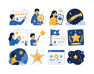 Fototapeta premium Star Rating Magic. Star symbols, favorite marks, ratings, decoration, sparkle, success, best choice, winner badge, shooting star, premium quality, night sky, magic, geometry, wishes, web design, and