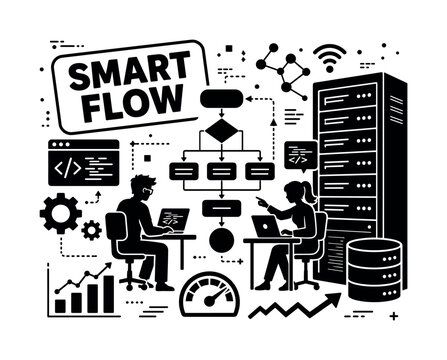 Algorithm System Flow. Solid black glyph-style banner for algorithm system and software flow scene, with two developers building a smart processing diagram, oversized flowchart node and giant computer