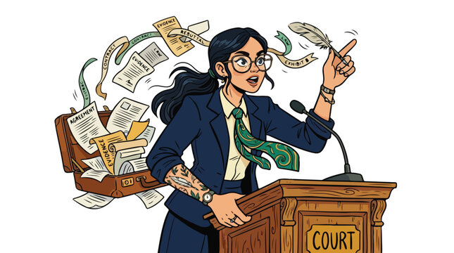 Illustration of a confident female lawyer standing at a court podium, gesturing emphatically with papers flying around her, in a dynamic and expressive cartoon style with a bold color