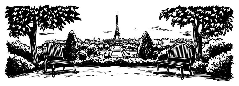 Paris skyline view from a park with benches and Eiffel Tower hand drawn sketch Vector illustration of a romantic cityscape scene