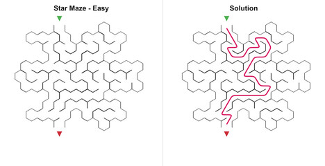 Obraz premium Star shaped hex puzzle and correct path in flat graphic style, uncolored background and pink colors, brain training game for children printable