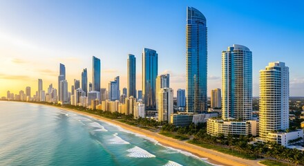 Fototapeta premium Modern waterfront skyline at golden hour with luxury high-rise buildings and coastal promenade