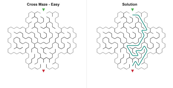 Cross shape hex maze and solved path in vector illustration style, black on white with teal colors, logical thinking challenge for elementary school workbook