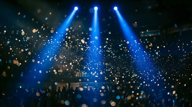 Atmospheric concert stage with blue spotlights and falling confetti, vibrant music festival crowd, cinematic arena event lighting and bokeh particles isolated on White Background