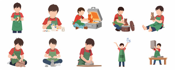 Fototapeta premium Set of Little Boy Making Ceramic Cat Illustrations, Pottery Craft Hobby Step by Step Process for Kids