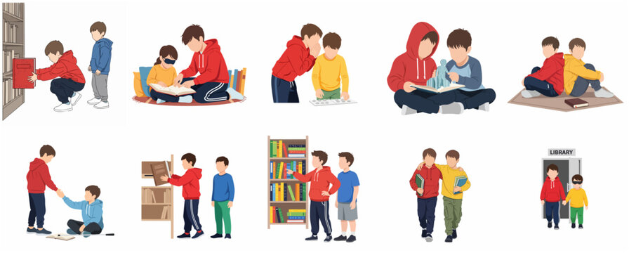 Inclusive Education and Library Activities: Flat Vector Illustrations of Children Learning and Helping Friends