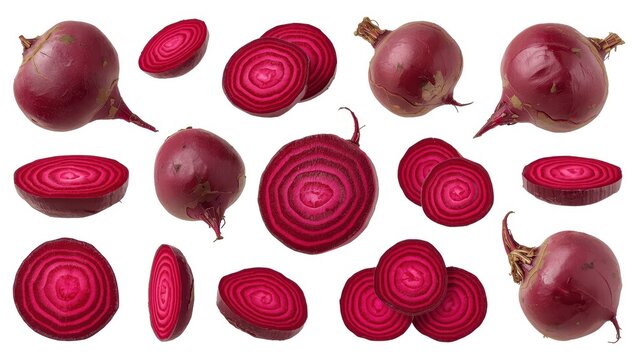 Collection of red beetroots and sliced beets against a white backdrop. File includes clipping paths.