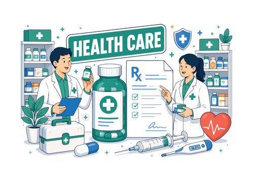 Pharmacy Health Care. Clean editorial banner with one wide drugstore service scene: two geometric pharmacists standing beside an oversized medicine bottle and a large prescription form, with heart