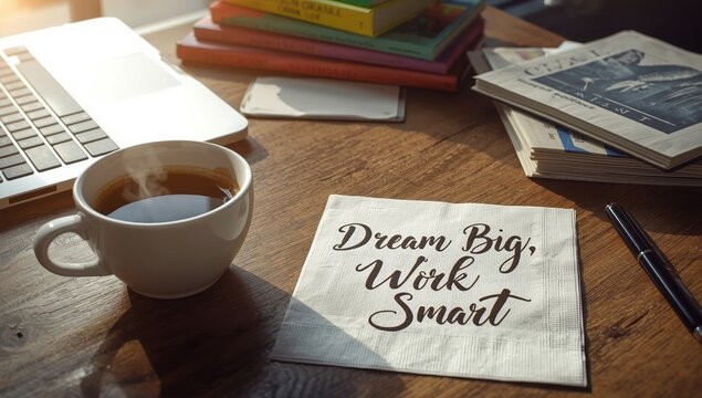 Aspire greatly, work intelligently - motivational script on a napkin beside coffee. Business, learning, career, and self-improvement idea.