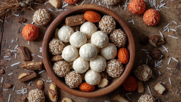 Assorted coconut sweets, including truffles, ladoos, pralines, and barfi in a wooden bowl.