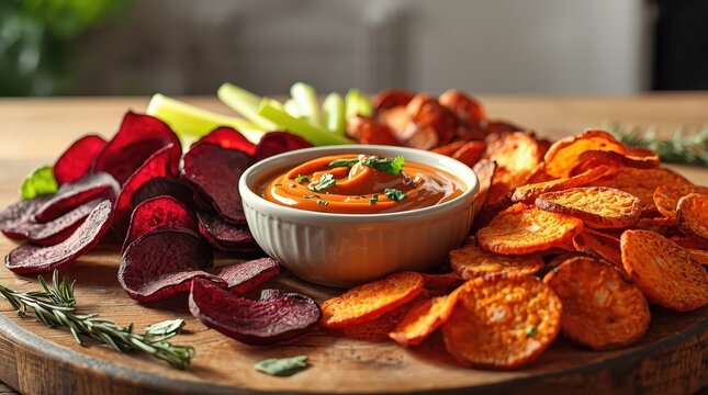 Nutritious veggie crisps - beetroot, celery, carrots, tomato-garlic dip with herbs, and fresh herbs included.