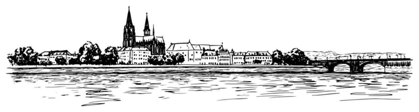 Cologne Germany cityscape with Cathedral and Rhine river Hand-drawn vector sketch of the famous landmark