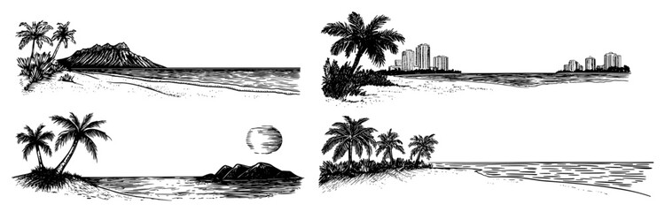 Set of tropical beach scenes hand-drawn vector illustrations Hawaiian and Miami coastlines with palm trees © Tomas