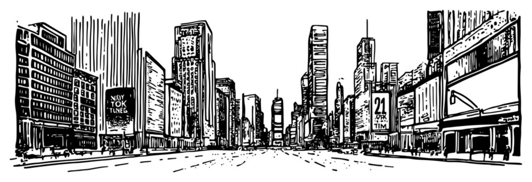 New York Times Square vector sketch Hand drawn busy city street with traffic and billboards illustration Urban Manhattan cityscape drawing