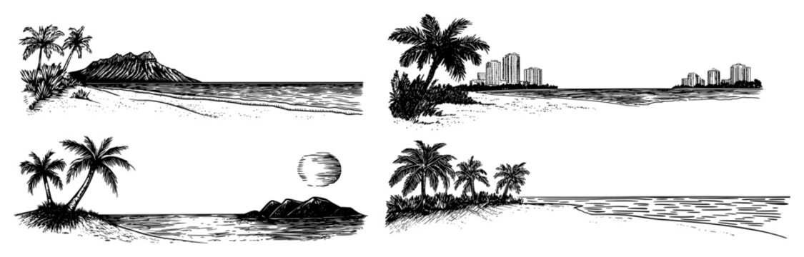Set of tropical beach scenes hand-drawn vector illustrations Hawaiian and Miami coastlines with palm trees
